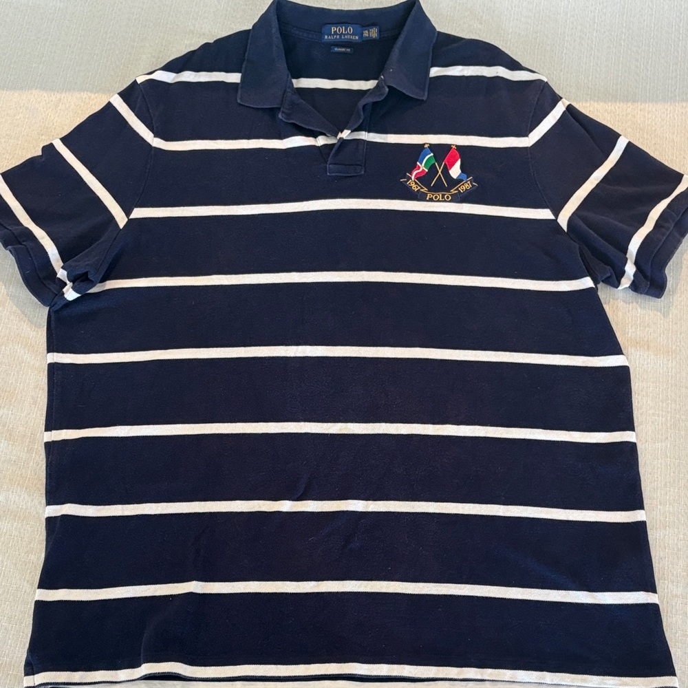 Polo by Ralph Lauren Navy and White Striped Rugby Polo with Embroidered Crest